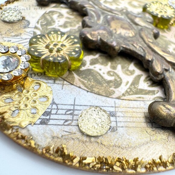 Handcrafted Ornament OOAK Collage Clear Crystal Gold Green Accents 3" Ribbon - Picture 9 of 11